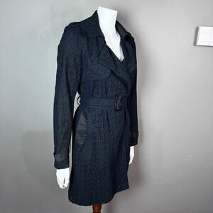 Vera‎ Wang trench coat XS all over eyelet lace black sheer cotton belted cotton